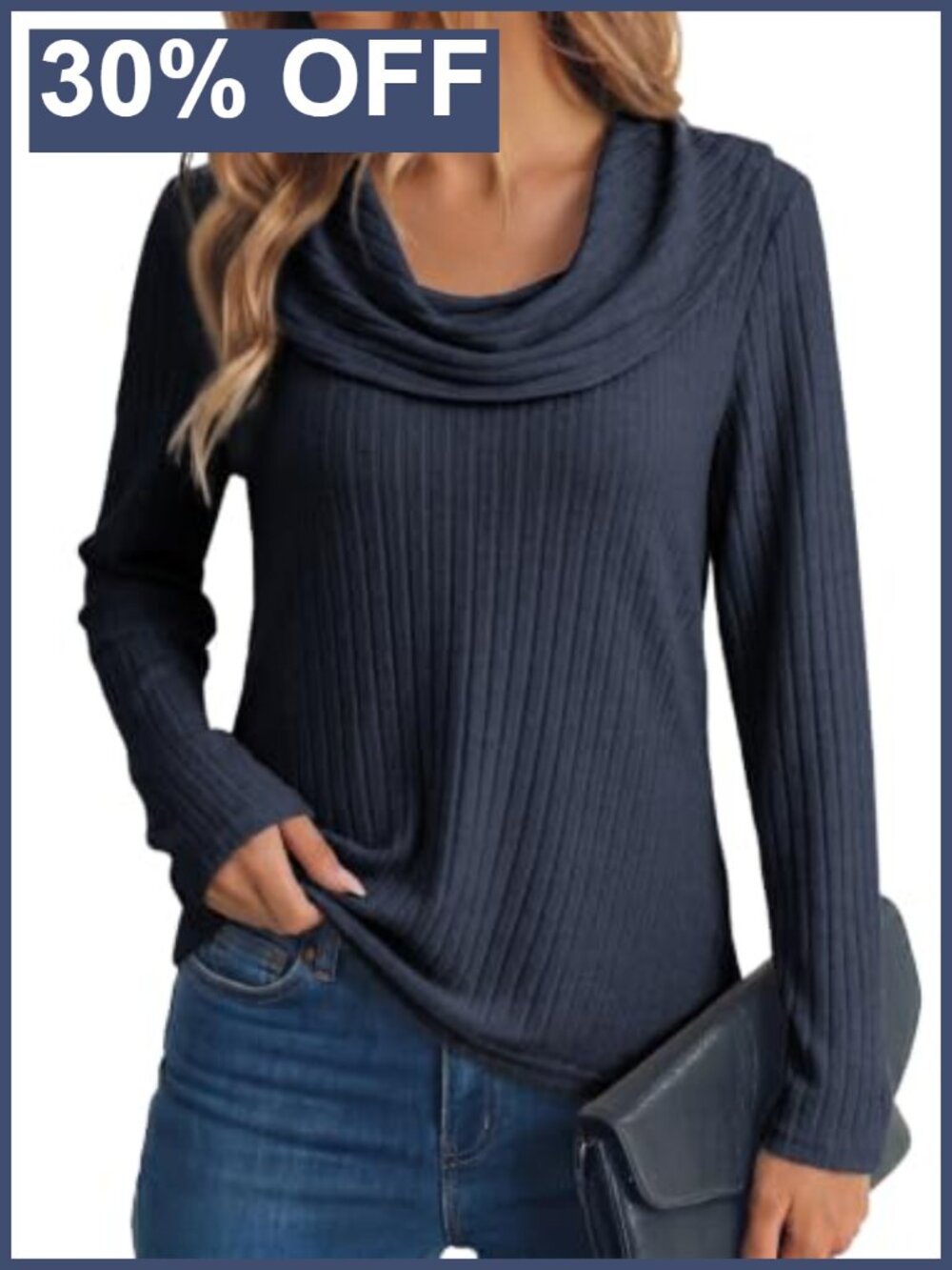 Womens Cowl Neck Long Sleeve Ribbed Knit Blouse - Fall Winter Pullover Top